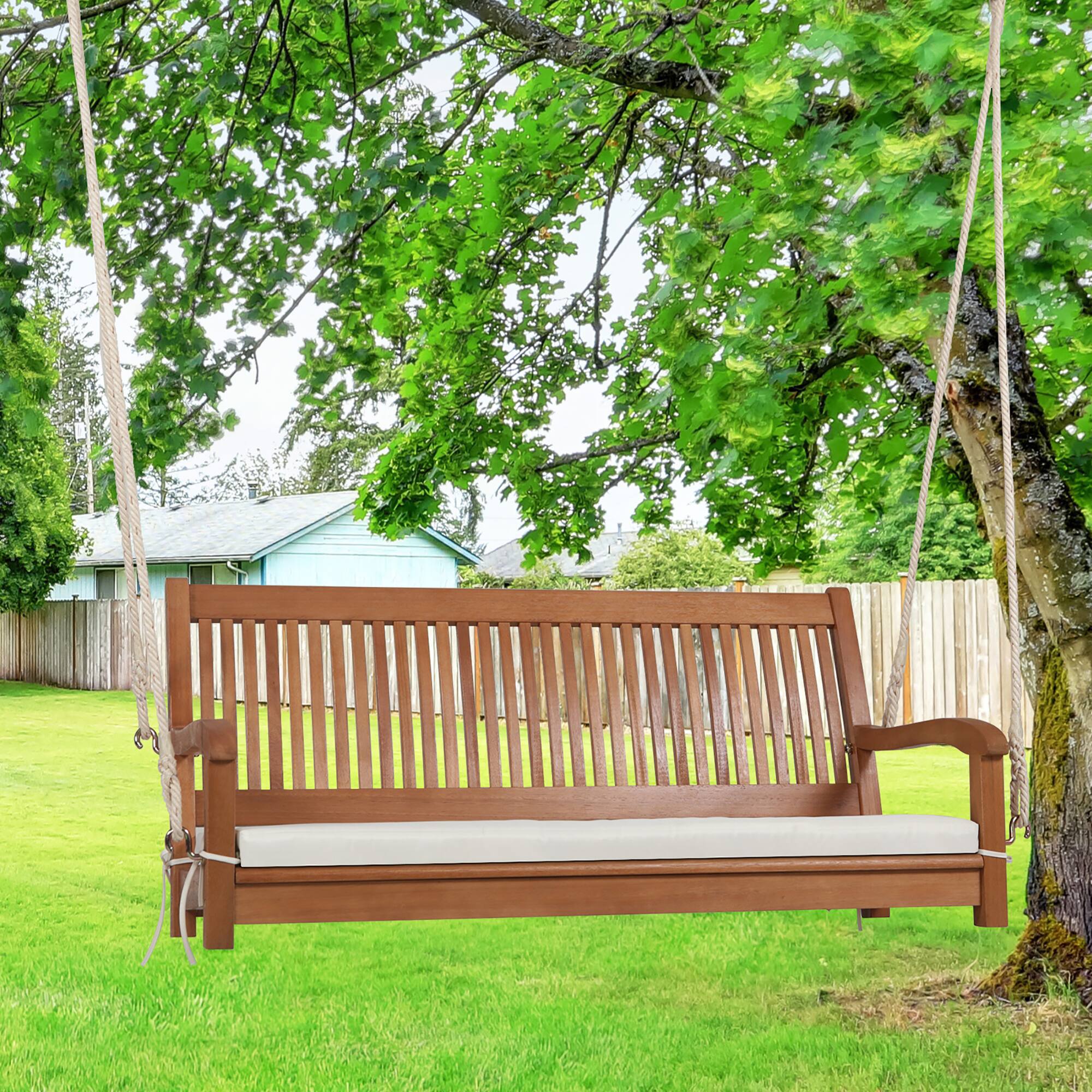 Alt View 7. Gymax - Gymax 2-Seat Patio Hanging Wooden Porch Swing Bench w/ Cushion & Hanging Ropes - Natural.