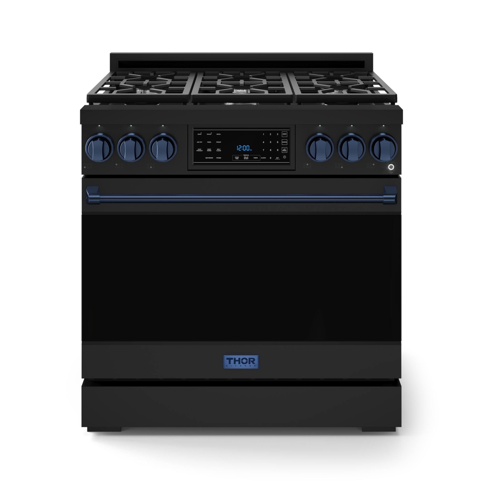 Gordon Ramsay Series by Thor Kitchen 6.0 Cu. Ft Freestanding Gas Range with Navy Blue Hardware - Black