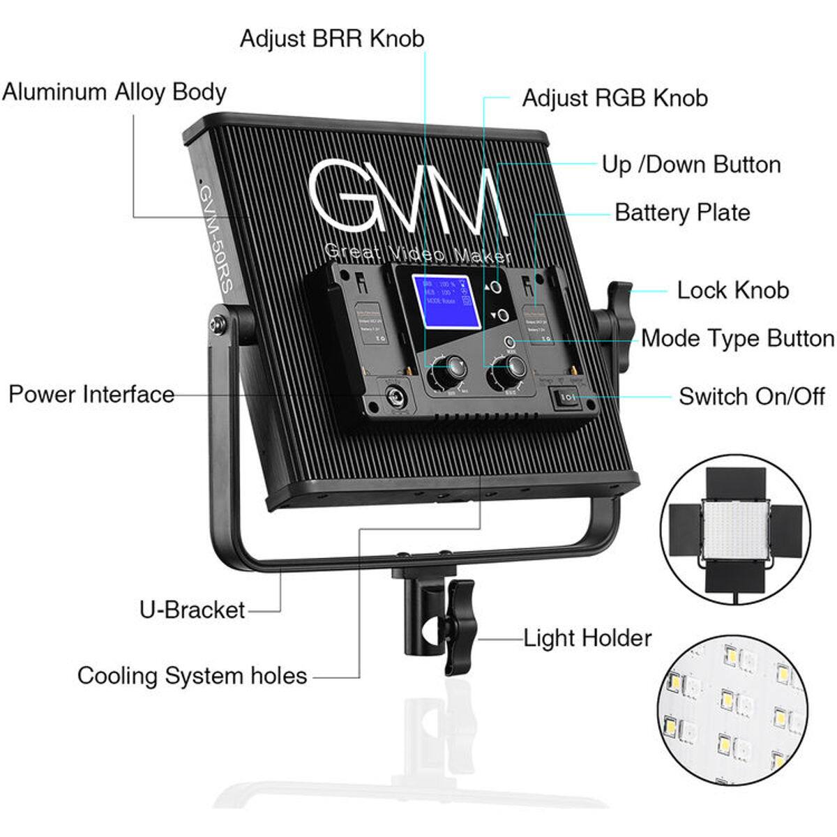Adjust BRR Knob Aluminum Alloy Body Adjust RGB Knob Up /Down Button .GVM-50RS GVM Battery Plate Great Video Maker A F Lock Knob Mode Type Button Power Interface 10t Switch On/Off U-Bracket Cooling System holes Light Holder