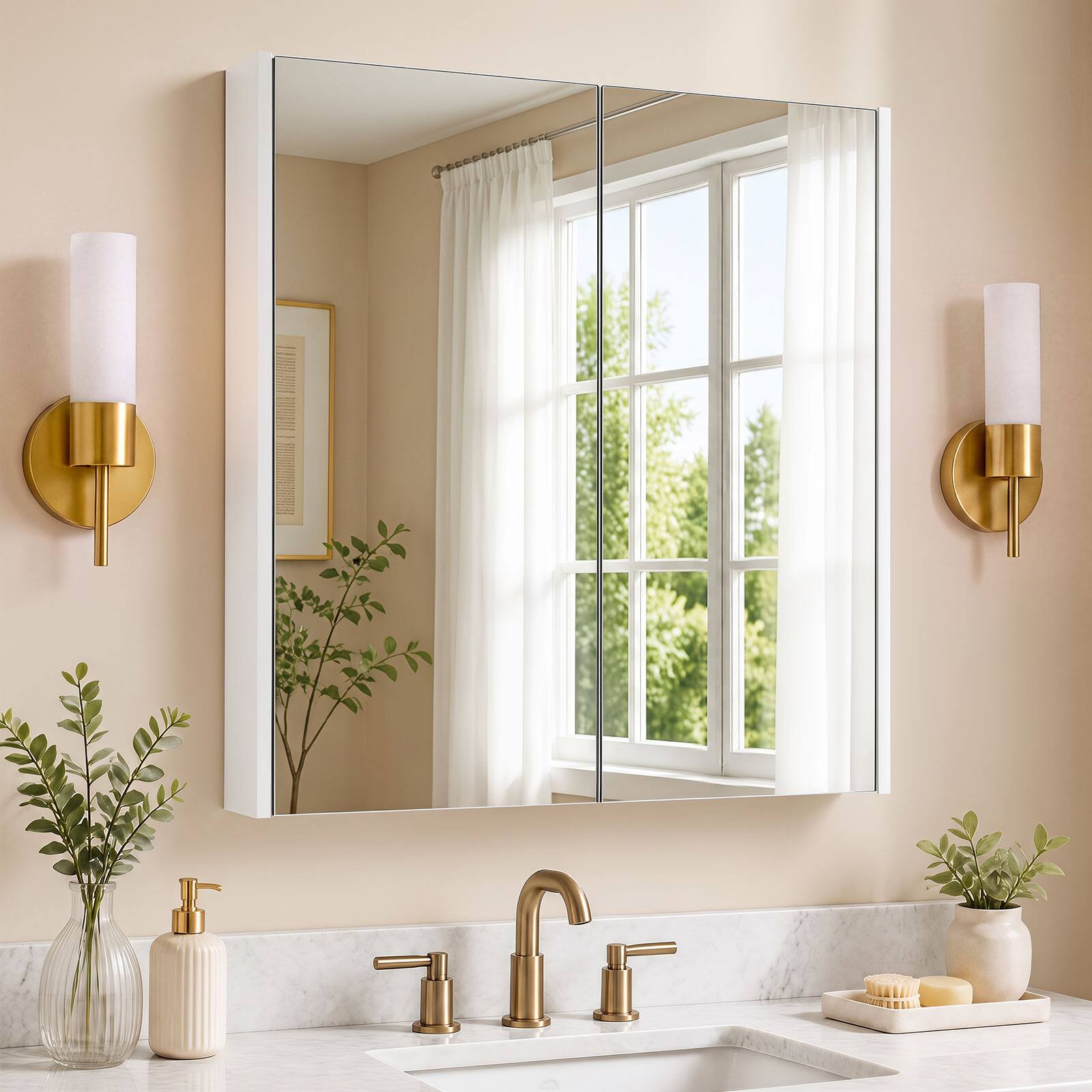 Alt View 1. Costway - Costway 24.5" x 42.5" Bathroom Wall Cabinet with Double Mirrored Doors & Adjustable Shelf - White.