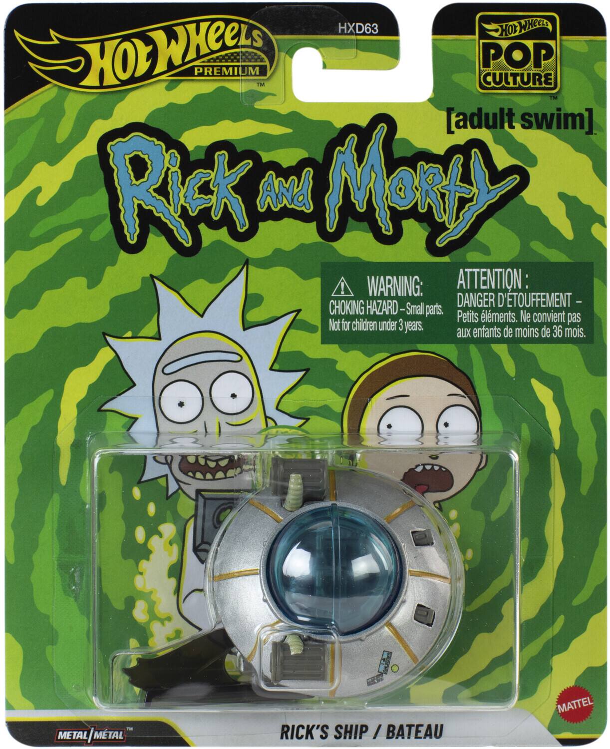 Hot Wheels Premium  
Rick and Morty  
[adult swim]  
Pop Culture  

HXD63  

WARNING: CHOKING HAZARD - Small parts. Not for children under 3 years.  
ATTENTION: DANGER D'ÉTOUFFEMENT - Petits éléments. Ne convient pas aux enfants de moins de 36 mois.  

Metal | Metal  
Rick's Ship / Bateau  

Mattel