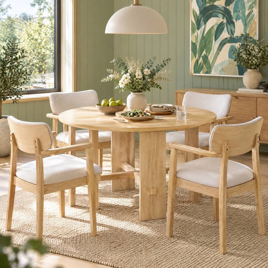 Denner Table Loheer Wood Dining Table, Round MDF Top and Rubber Wood Base, 47.25 ...