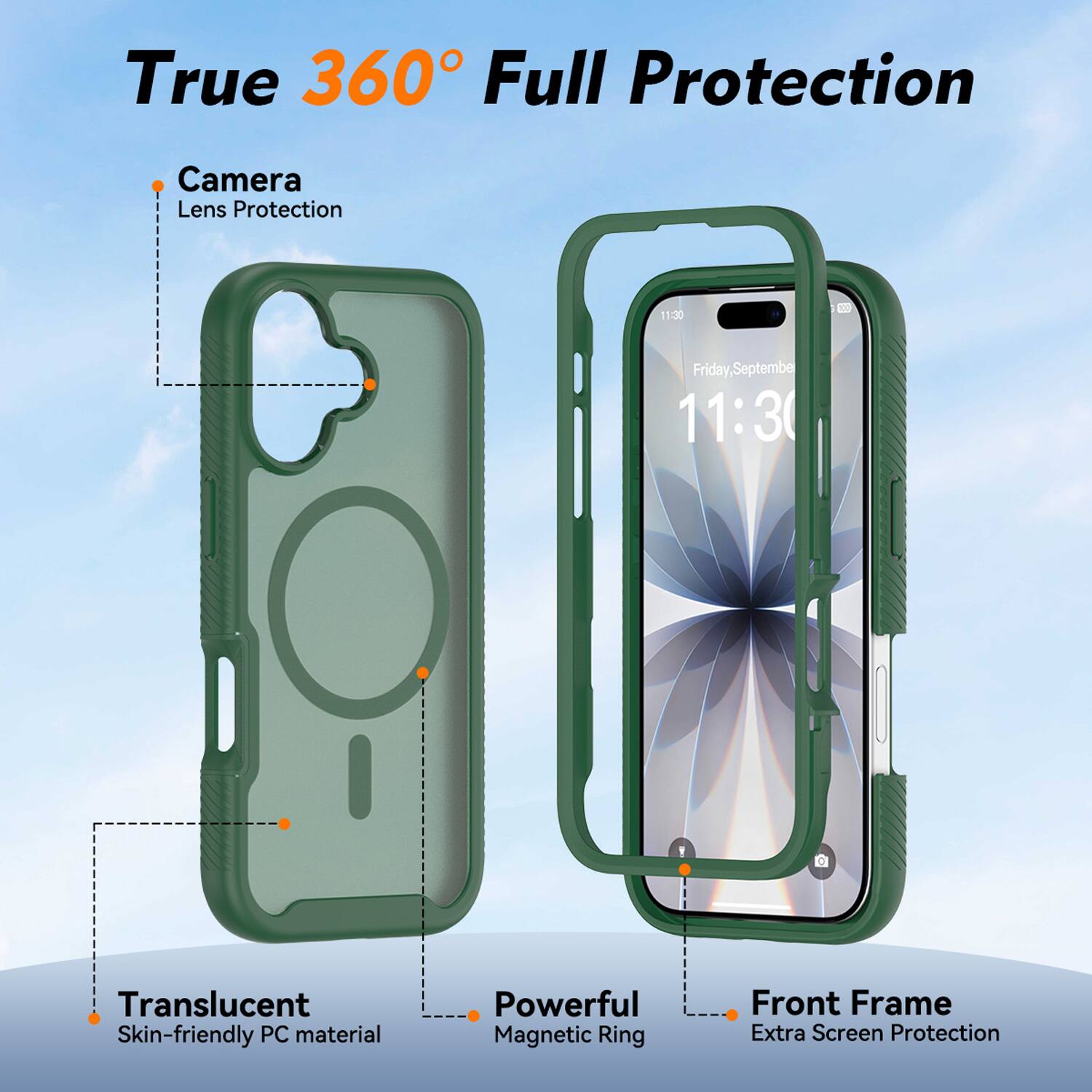 True 360° Full Protection

- Camera Lens Protection
- Translucent Skin-friendly PC material
- Powerful Magnetic Ring
- Front Frame Extra Screen Protection