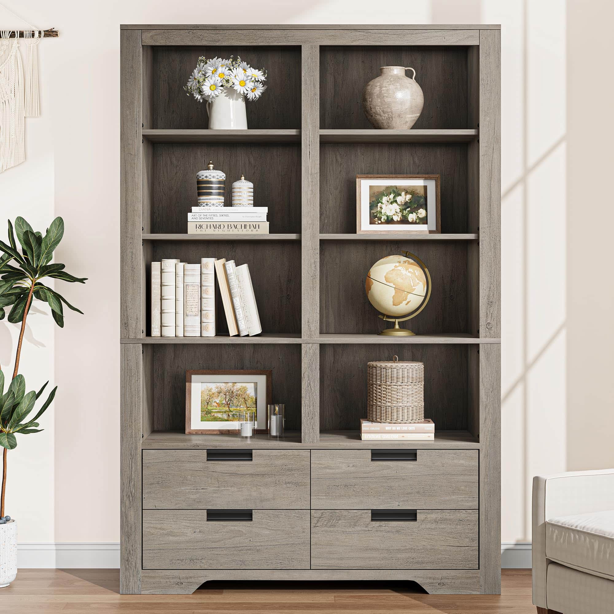 Jojoka - 72" Tall Farmhouse Bookcase, 8-Shelf Wooden Book Shelf with 4 Drawers, Freestanding Storage Cabinet - Gray