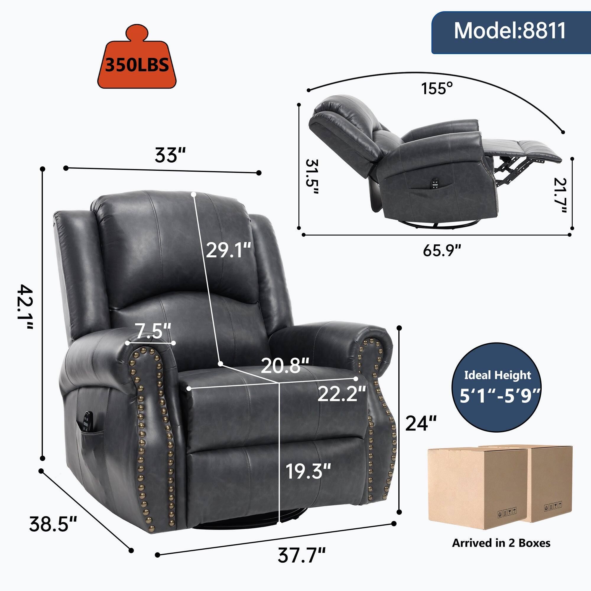Model: 8811  
350LBS  
Dimensions:  
- Height: 42.1"  
- Width: 38.5"  
- Depth: 37.7"  
- Seat Height: 20.8"  
- Seat Depth: 22.2"  
- Armrest Height: 29.1"  
- Back Height: 33"  
- Reclined Length: 65.9"  
- Reclined Width: 31.5"  
- Reclined Depth: 21.7"  
- Reclining Angle: 155°  
Ideal Height: 5'1" - 5'9"  
Arrived in 2 Boxes