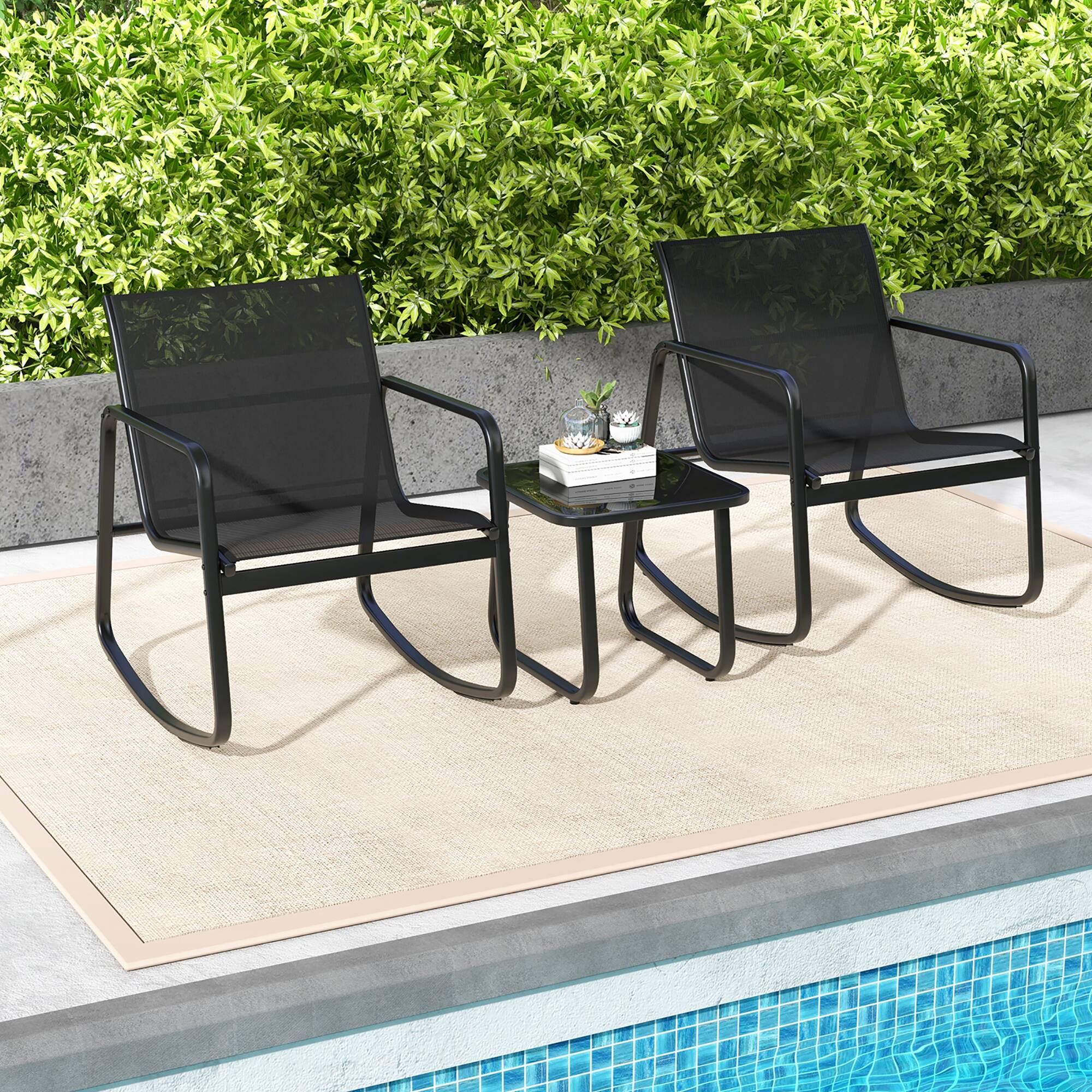 Alt View 3. Gymax - Gymax 3 Piece Rocking Bistro Set Patio Furniture Set w/ 2 Rocking Chairs & Glass-Top Coffee Table - Black.