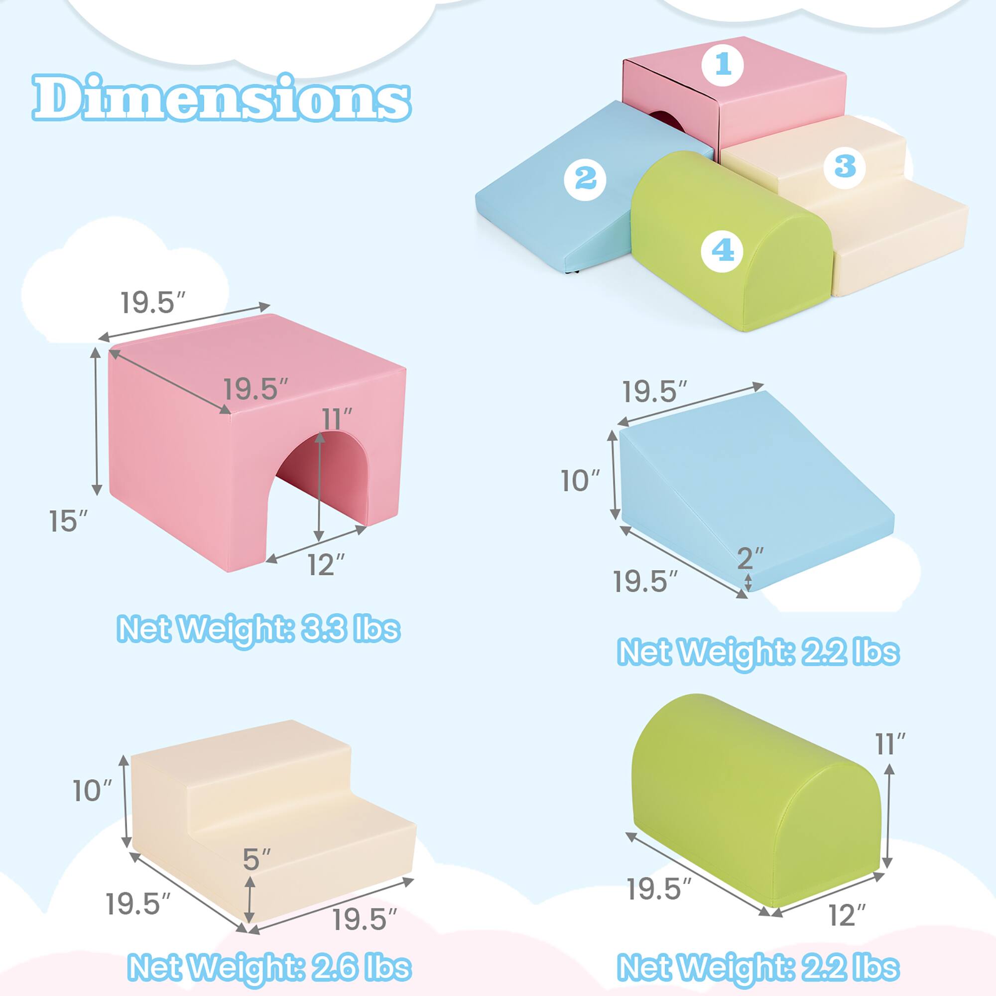 Dimensions

1. 19.5" x 19.5" x 11"  
   Net Weight: 3.3 lbs

2. 19.5" x 10" x 2"  
   Net Weight: 2.2 lbs

3. 19.5" x 10" x 11" x 5"  
   Net Weight: 2.6 lbs

4. 19.5" x 12"  
   Net Weight: 2.2 lbs