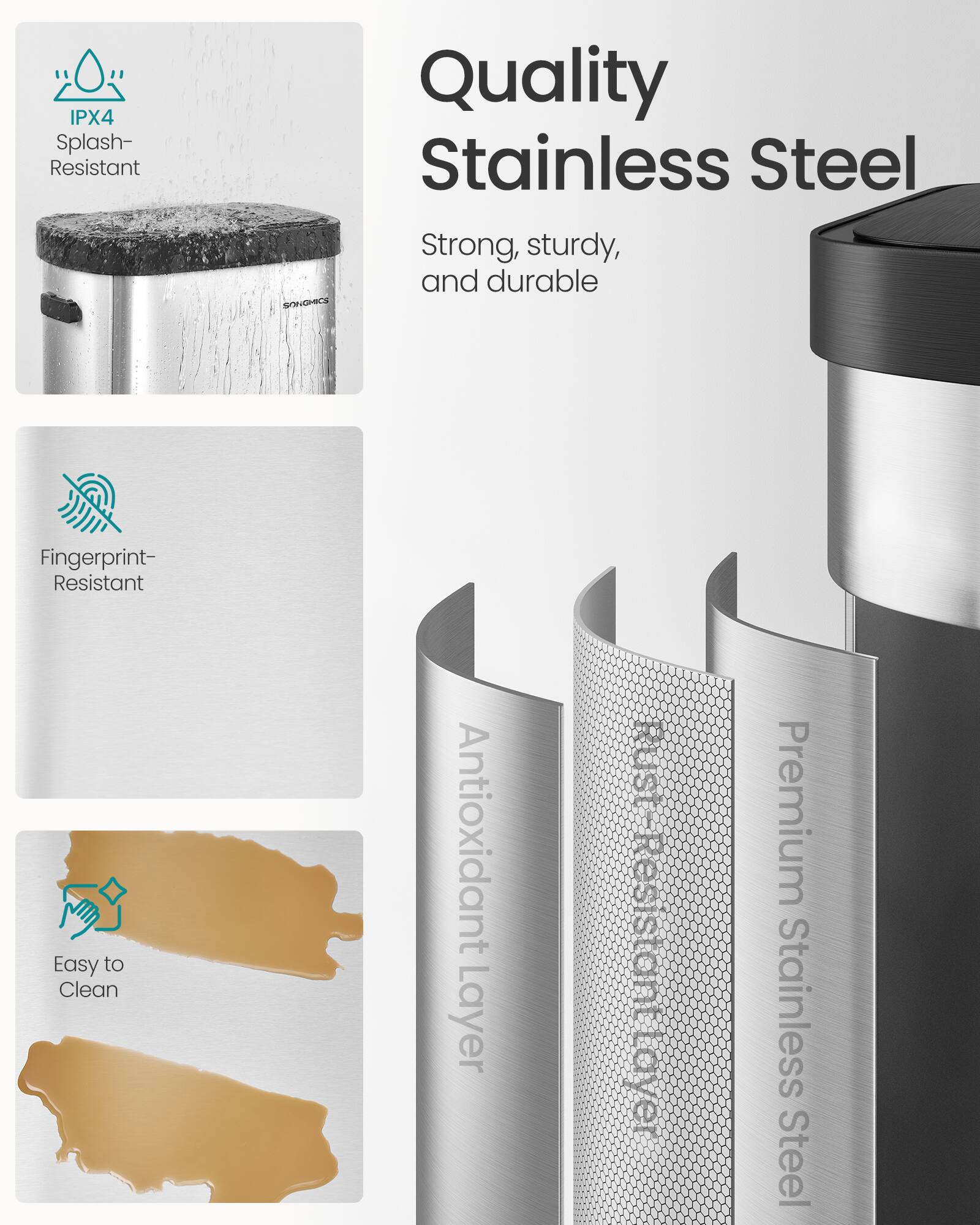 IPX4 Splash-Resistant Quality Stainless Steel Strong, sturdy, and durable SONGHICE Fingerprint-Resistant Easy to Clean Antioxidant Layer Rust-Resistant Premium Stainless Steel