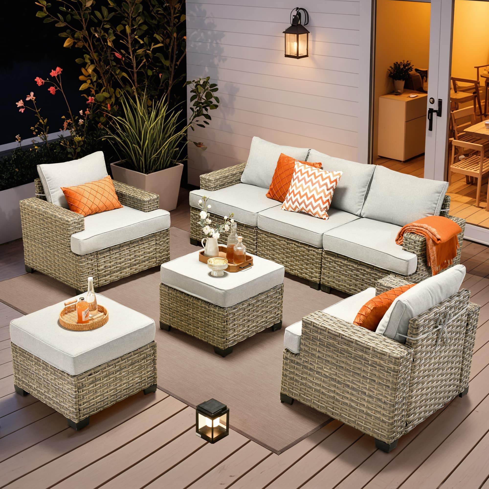 Ovios - 7 PCS Outdoor Patio Furniture High Back Rattan Sofa Set with Armchairs & Ottoman for Garden - Gray