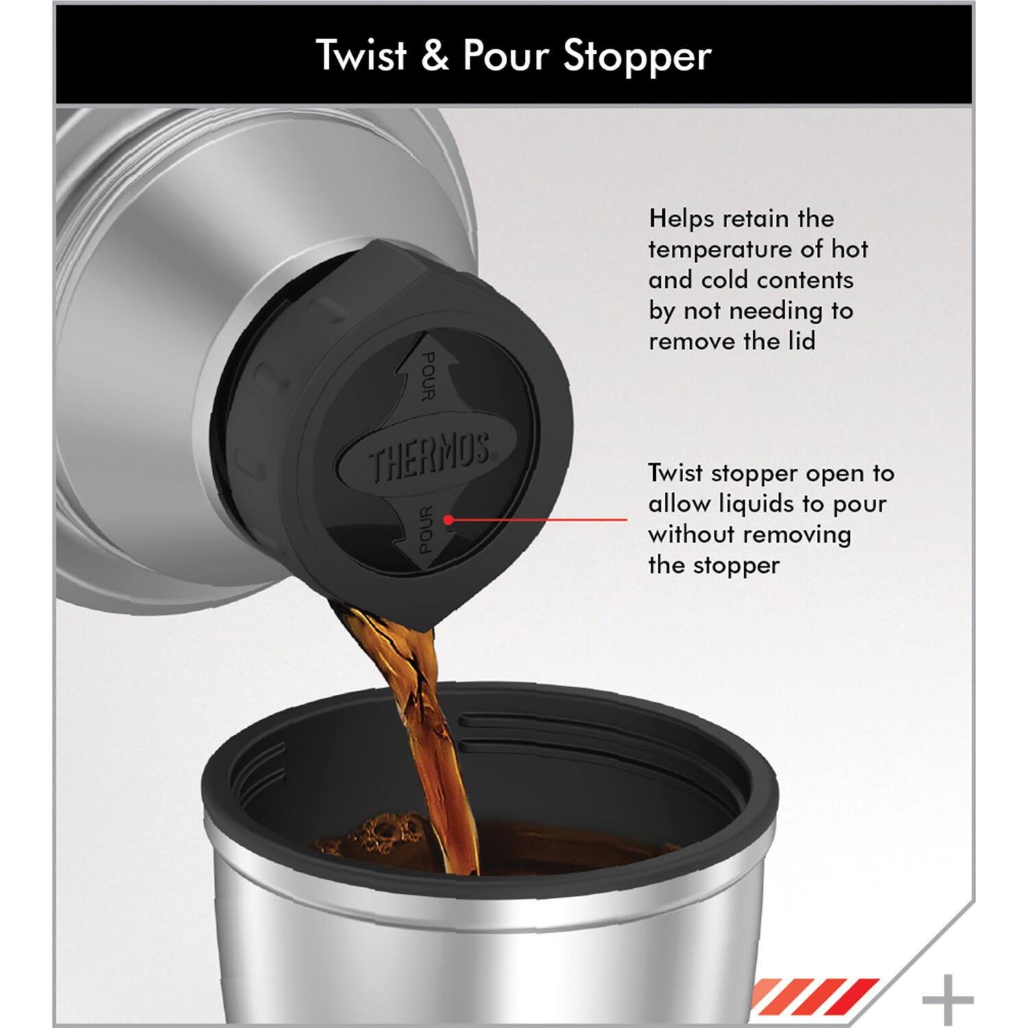 Twist & Pour Stopper

Helps retain the temperature of hot and cold contents by not needing to remove the lid

Twist stopper open to allow liquids to pour without removing the stopper