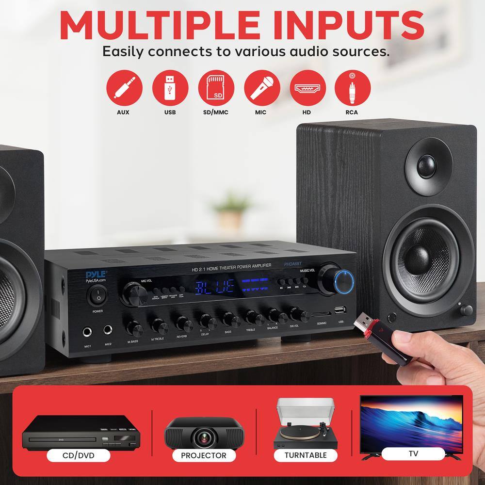 MULTIPLE INPUTS  
Easily connects to various audio sources.  

AUX  
USB  
SD/MMC  
MIC  
HD  
RCA  

CD/DVD  
PROJECTOR  
TURNTABLE  
TV