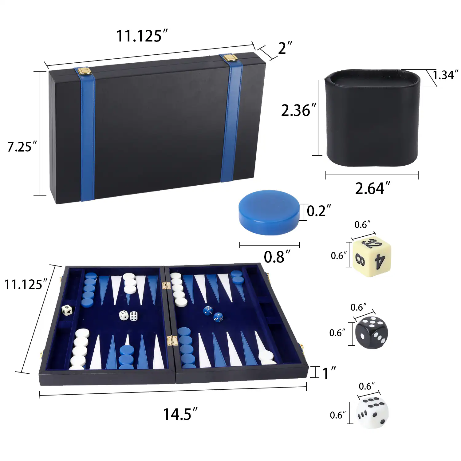 11.125", 2", 1.34", 2.36", 7.25", 0.2", 2.64", 0.8", 0.6", 14.5", 1", 0.6", 0.6"