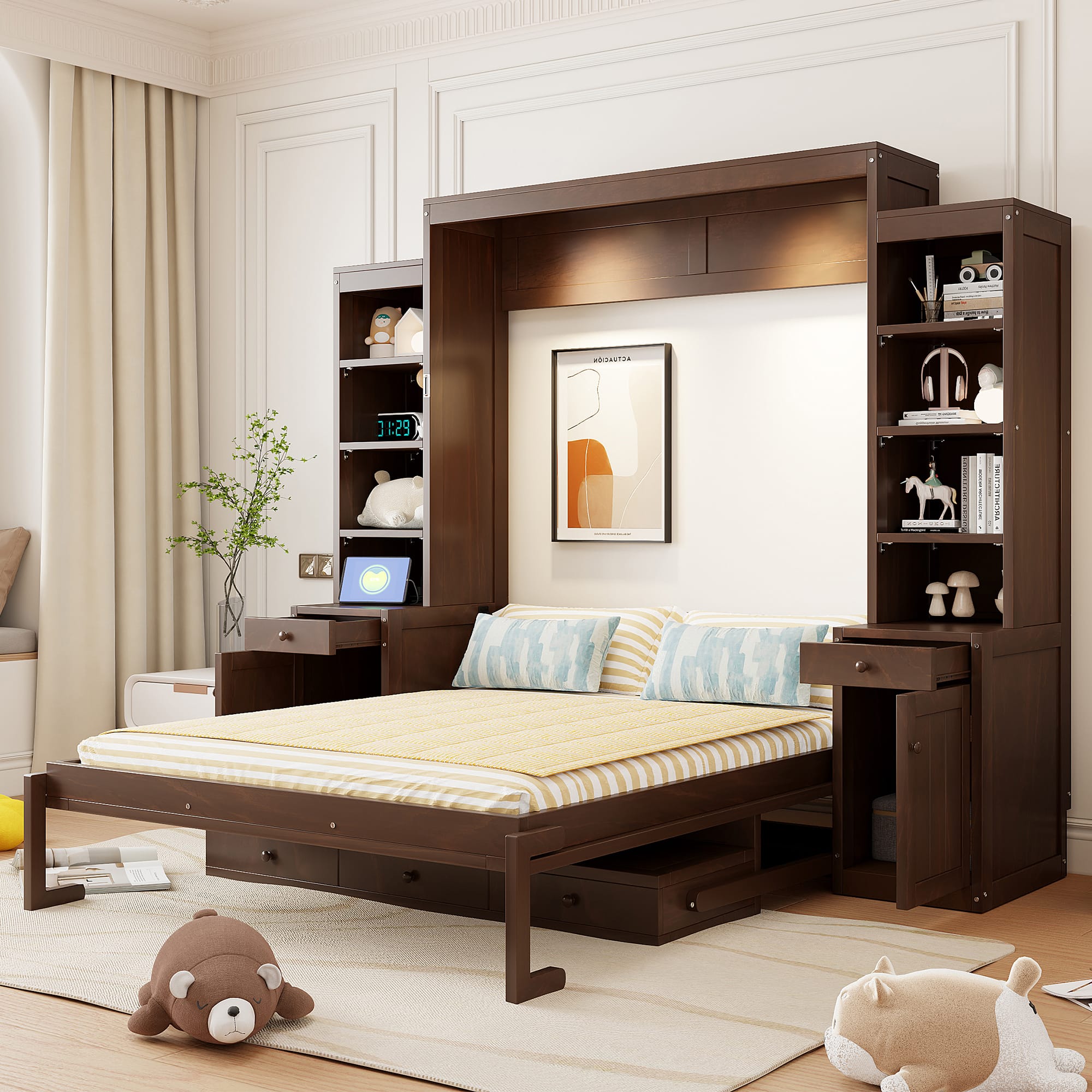 Anysun - Queen Size Murphy Bed with Desk & Storage, Space-Saving Wood Wall Bed with Cabinets & Drawers - Brown