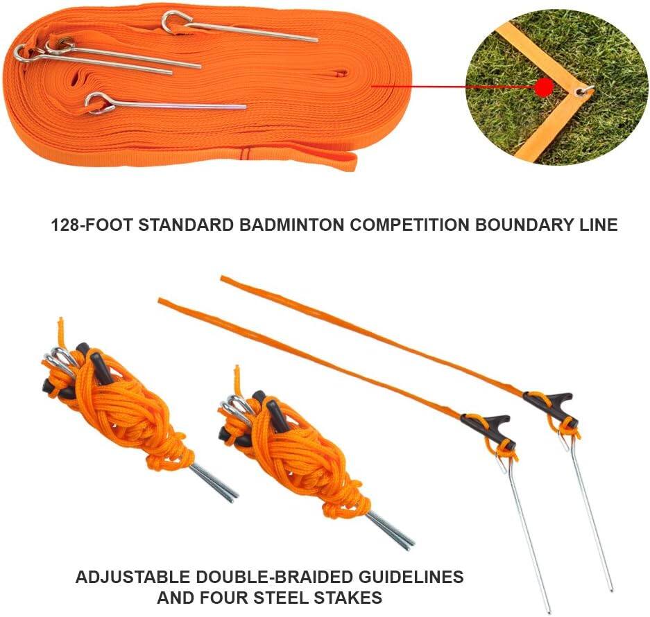 128-FOOT STANDARD BADMINTON COMPETITION BOUNDARY LINE
ADJUSTABLE DOUBLE-BRAIDED GUIDELINES AND FOUR STEEL STAKES