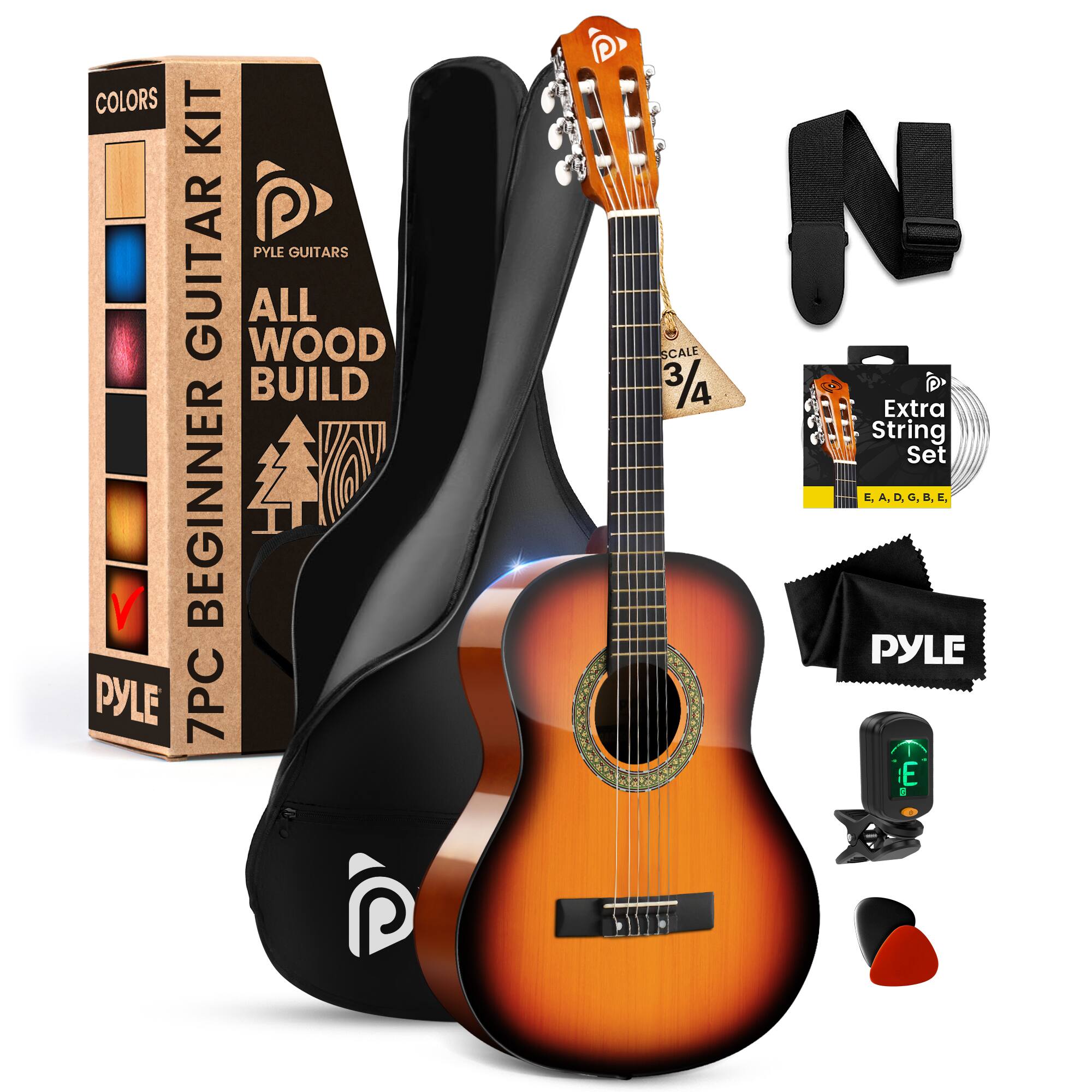 COLORS KIT  
PYLE GUITARS  
BEGINNER GUITAR  
ALL WOOD BUILD  
7PC  
SCALE 3/4  
Extra String Set  
E, A, D, G, B, E  
PYLE  
555655