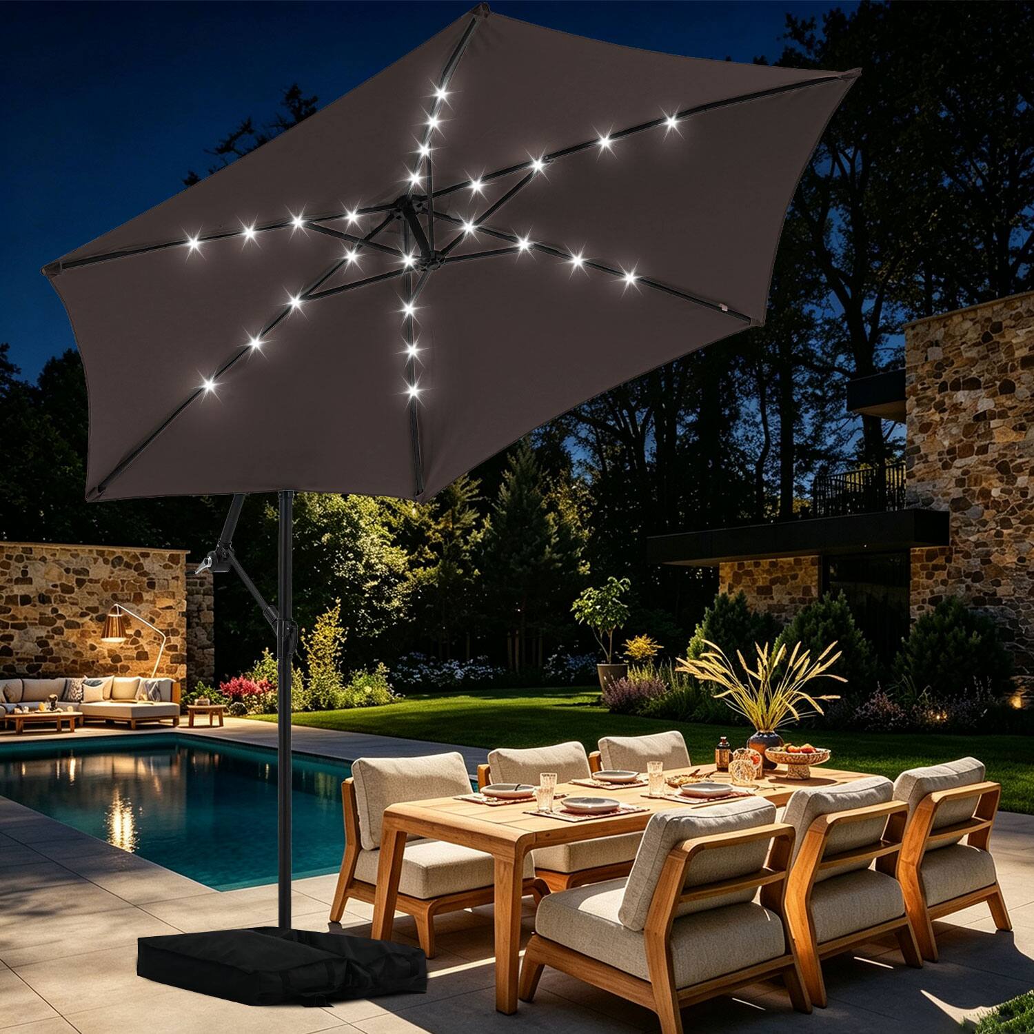 Alt View 5. Ainfox - Ainfox 10FT Outdoor Patio Cantilever Umbrella Hanging Offset with Cross Base  Sand Bags & 24 LED Solar Lights - Coffee.