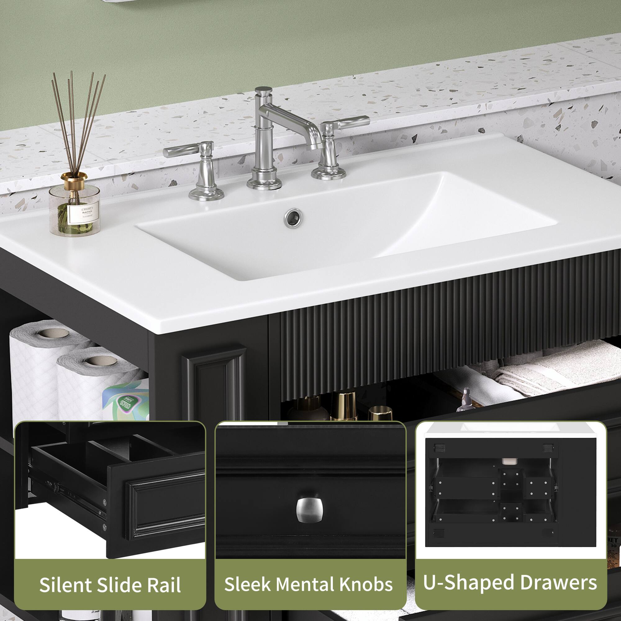 Silent Slide Rail  
Sleek Metal Knobs  
U-Shaped Drawers