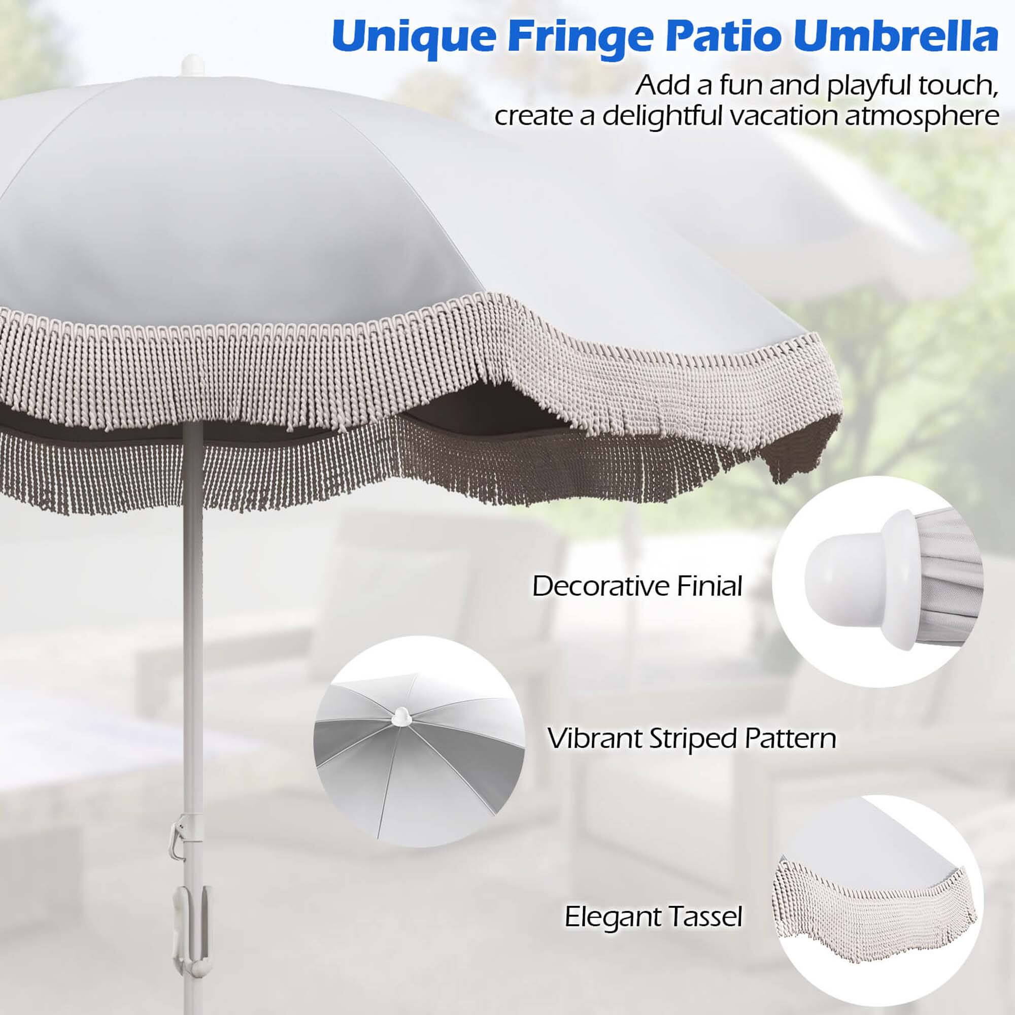 Unique Fringe Patio Umbrella: Add a fun and playful touch, create a delightful vacation atmosphere. Decorative Finial, Vibrant Striped Pattern, Elegant Tassel.