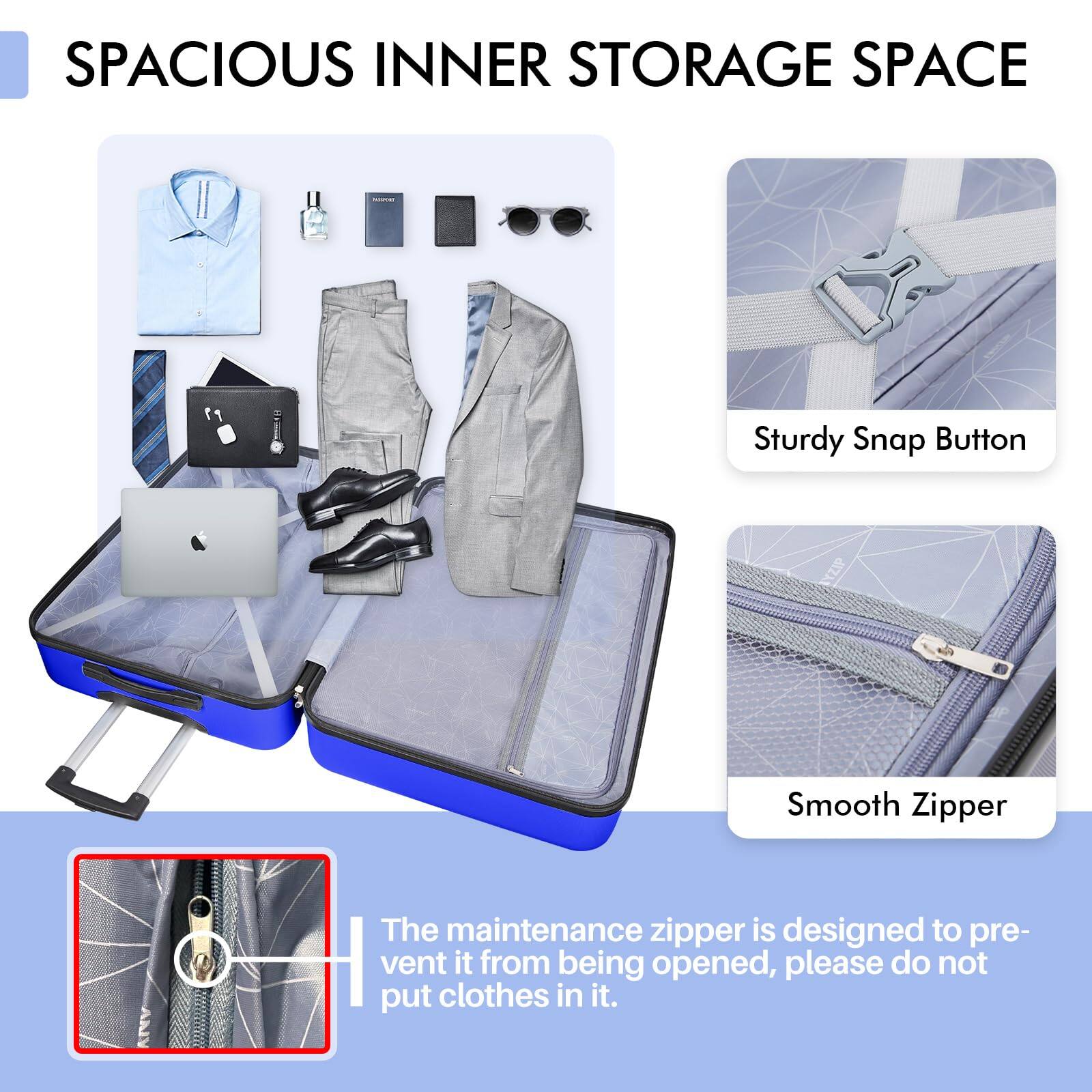 SPACIOUS INNER STORAGE SPACE

- Sturdy Snap Button
- Smooth Zipper

The maintenance zipper is designed to prevent it from being opened, please do not put clothes in it.