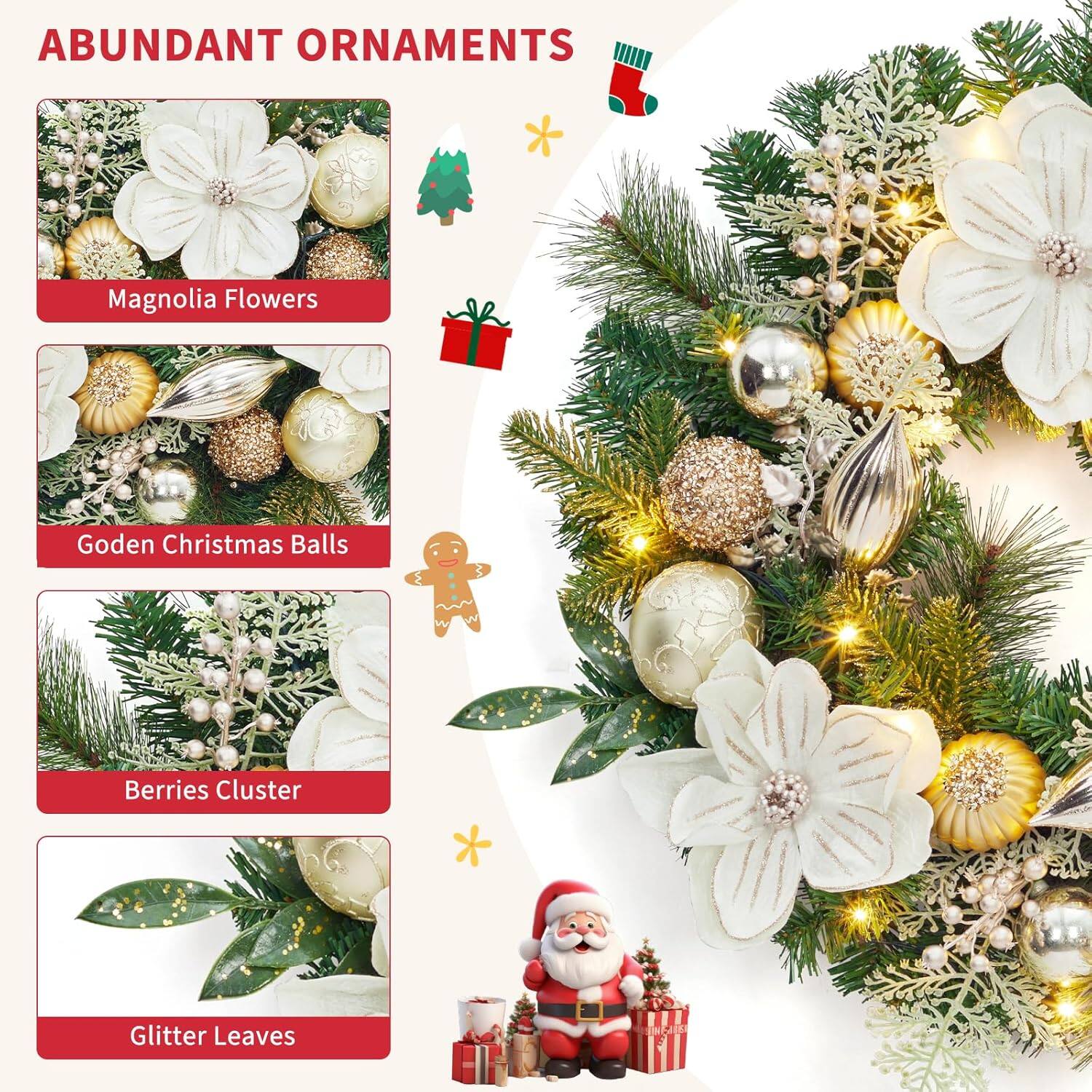 ABUNDANT ORNAMENTS

- Magnolia Flowers
- Golden Christmas Balls
- Berries Cluster
- Glitter Leaves