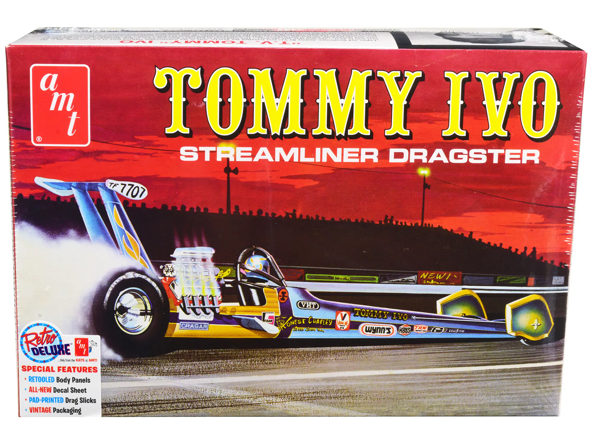 TOMMY IVO  
STREAMLINER DRAGSTER  

TF 7707  

Retro DELUXE  
SPECIAL FEATURES  
- RETOOLDED Body Panels  
- ALL-NEW Decal Sheet  
- PAD-PRINTED Drag Slicks  
- VINTAGE Packaging  

CRAGAR  
VHT  
TOMMY IVO  
HONEST CHARLEY  
WYNN'S  

NEW!  
4  
H885
