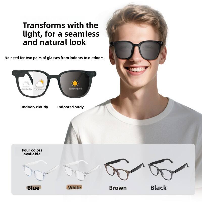 Transforms with the light, for a seamless and natural look

No need for two pairs of glasses from indoors to outdoors

Indoor/cloudy

Turn sunny

scorching sun

Four colors available

Blue

White

Brown

Black