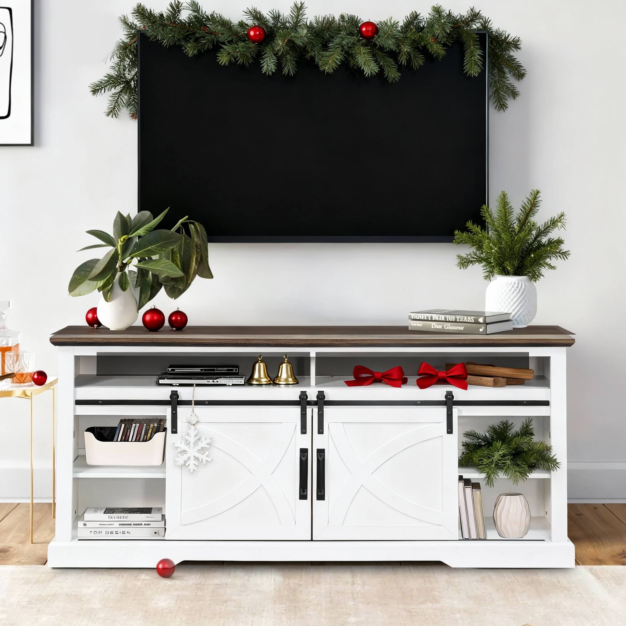 Ihomeadore - 68" TV Stand with Open Storage Shelves and Cabinets Media Console for TVs up to 78" - White