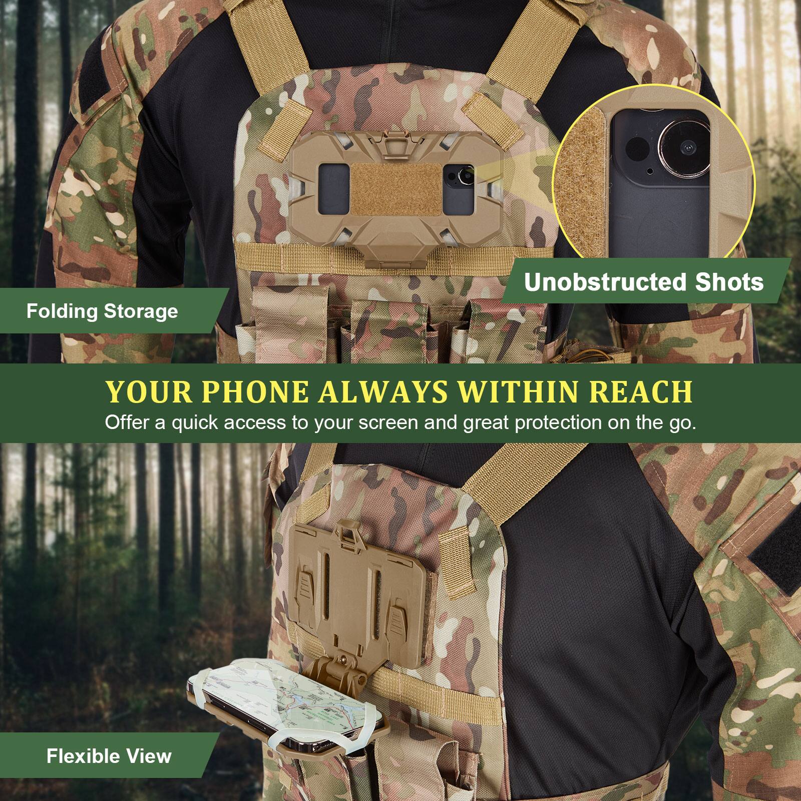 Folding Storage

YOUR PHONE ALWAYS WITHIN REACH

Offer a quick access to your screen and great protection on the go.

Unobstructed Shots

Flexible View