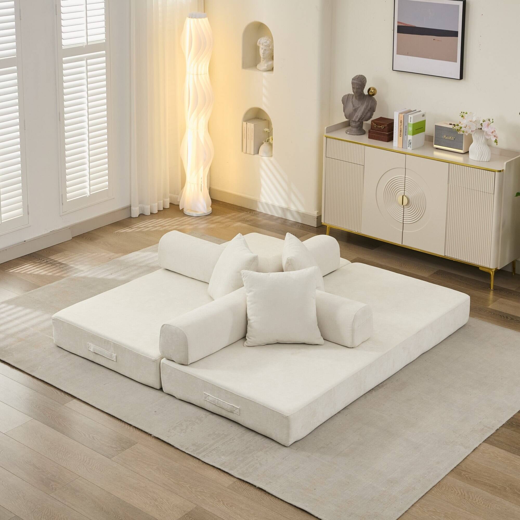 Left. GOODSILO - Convertible Folding Floor Sofa Bed with Armrests for Living Room, Bedroom, and Studio Lounging - Beige.
