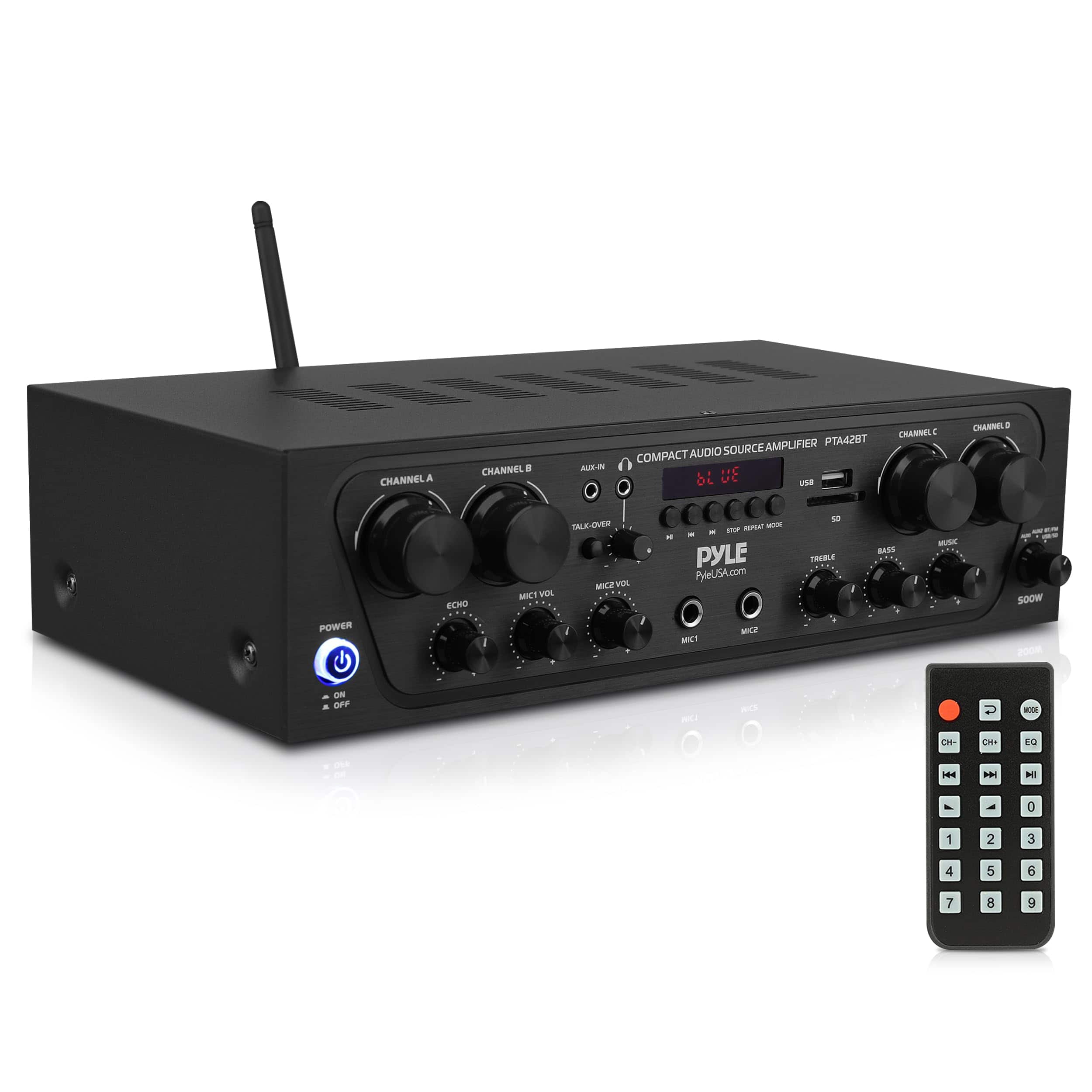 Pyle - Bluetooth Home Audio Source Amplifier – 4-Channel System with FM Radio and MP3/USB/SD Playback - Black
