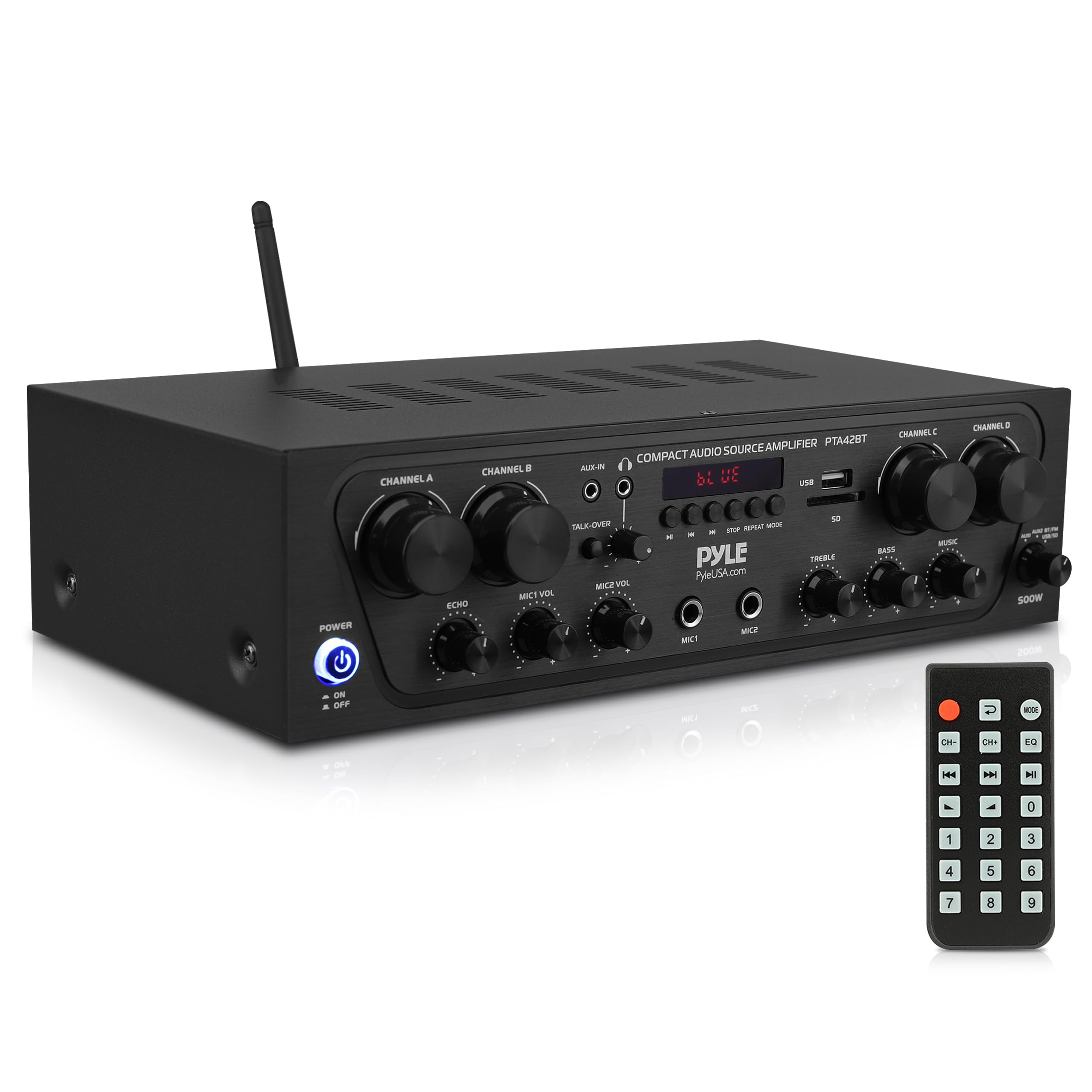 CHANNEL A  
CHANNEL B  
CHANNEL C  
CHANNEL D  

COMPACT AUDIO SOURCE AMPLIFIER  
PTA428T  

AUDIO SOURCE  
AUX-IN  
USB  
SD  

TALK-OVER  
MIC1 VOLUME  
MIC2 VOLUME  

ECHO  
MIC1  
MIC2  

POWER  
ON/OFF  

PYLE  
PyleUSA.com  

500W  

REMOTE CONTROL  
CH-  
CH+  
EQ  
0  
1  
2  
3  
4  
5  
6  
7  
8  
9