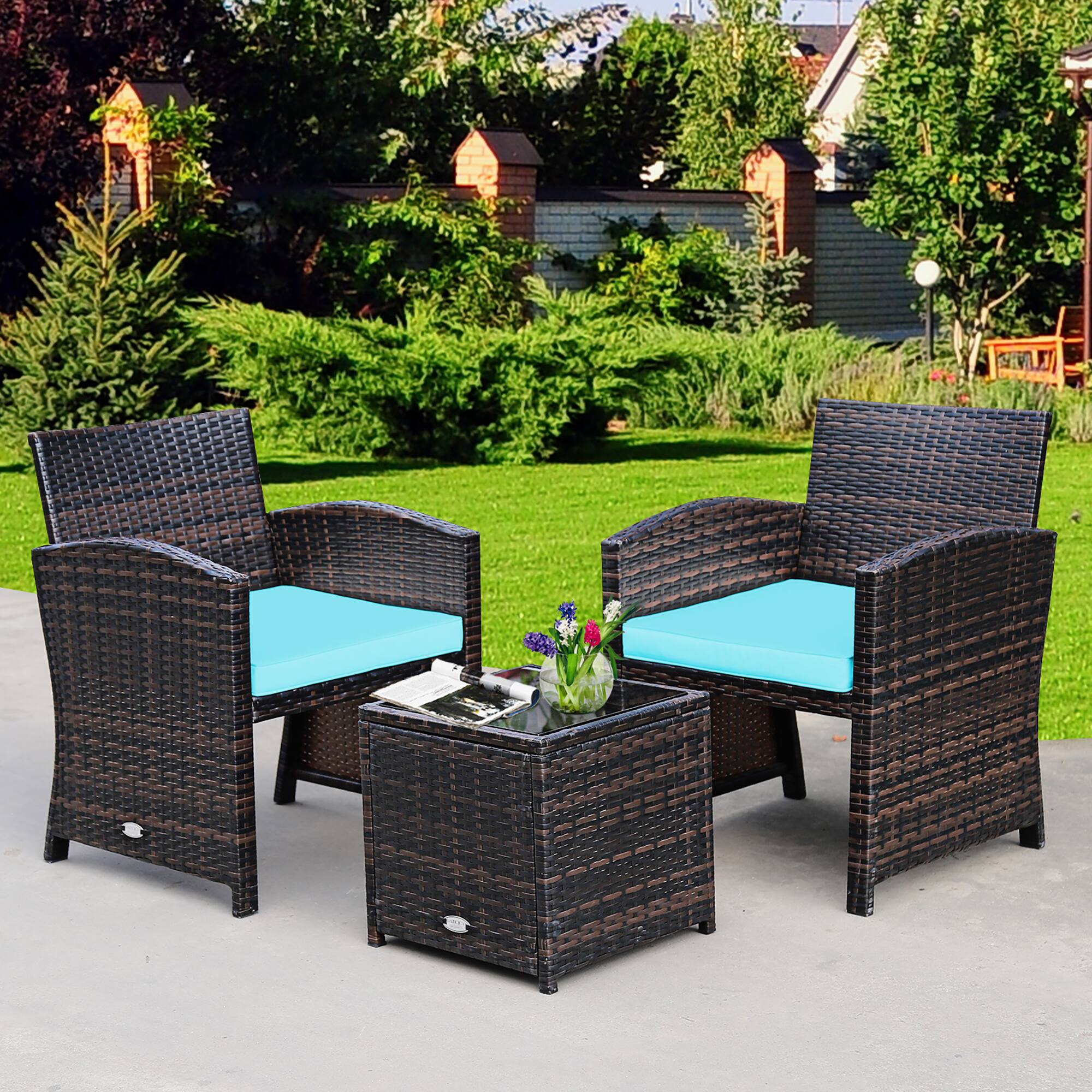 Alt View 1. Costway - 3PCS Patio Rattan Wicker Furniture Cushion Sofa Coffee Table - Turquoise,Mix brown.