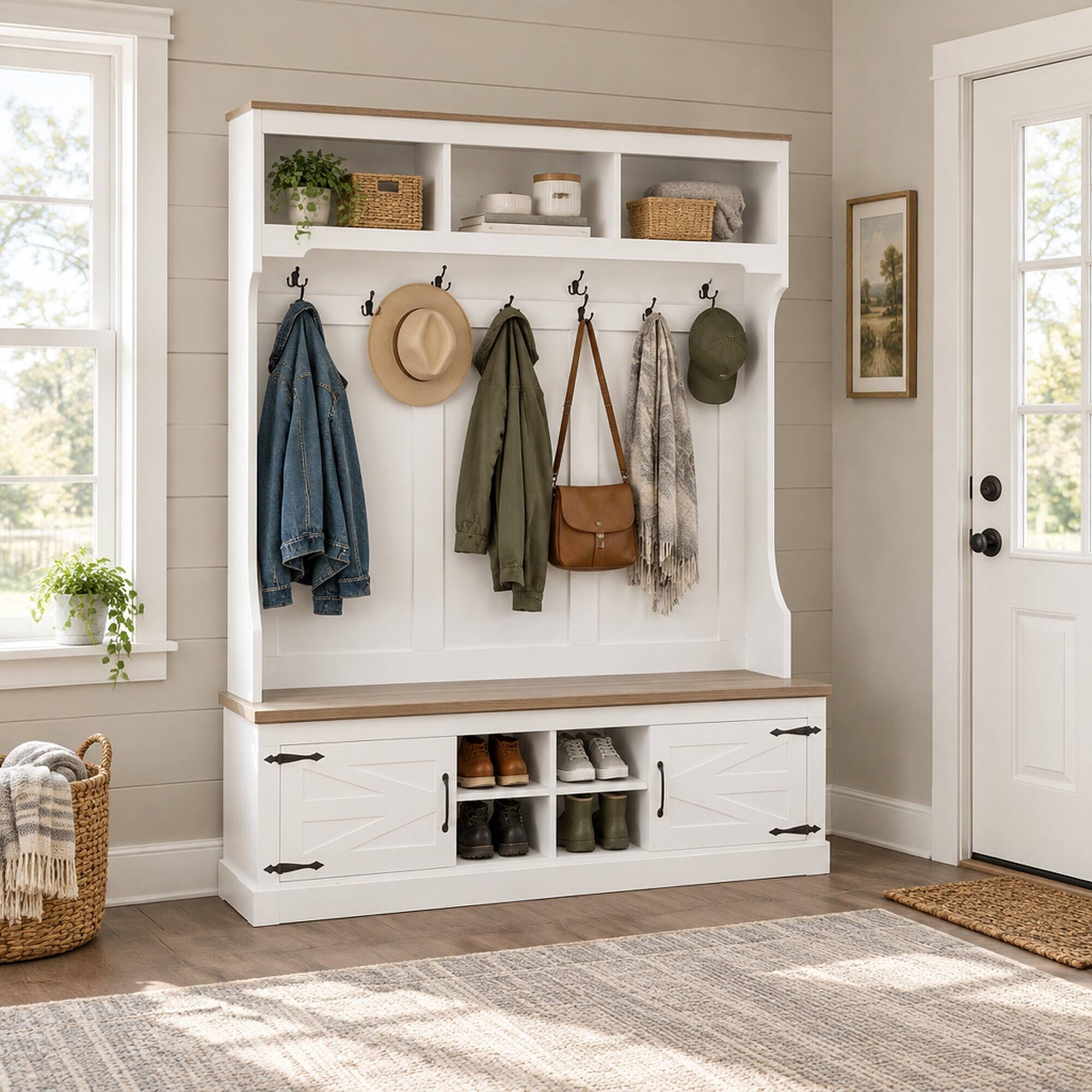 RYHNUYNE VIBE HAUS 71 in Farmhouse Hall Tree, Entryway Bench, 7 Hooks ...