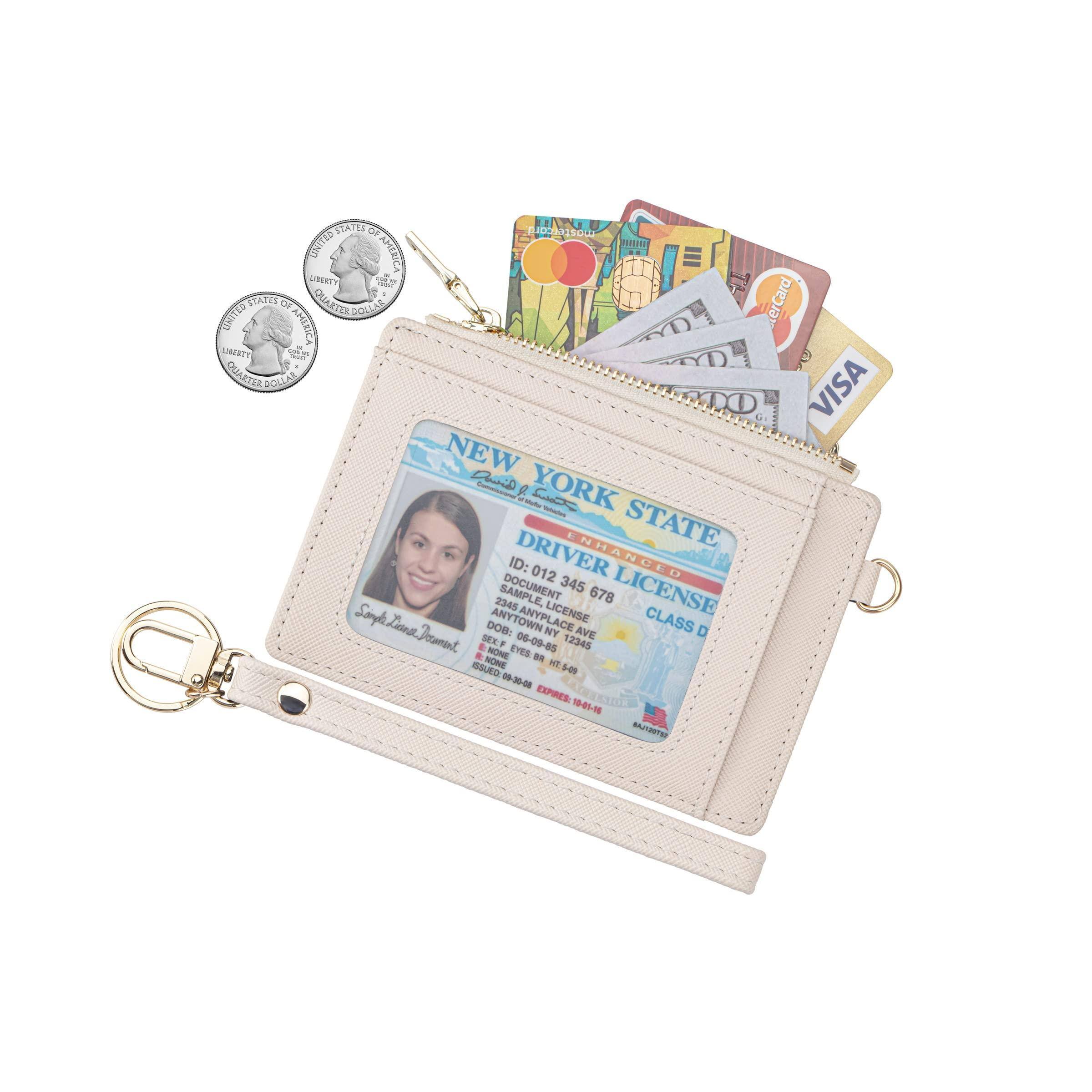 Left. Jadie Link - Women Slim Rfid Blocking Credit Card Case Holder Wristlet Zip Wallet Small Compact Leather Purse Keychain beige Dual-use - Light Gray.