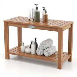 Gymax - 30 Inch Wood Shower Bench Inside Shower Stool w/ Storage Shelf for Adults - Teak