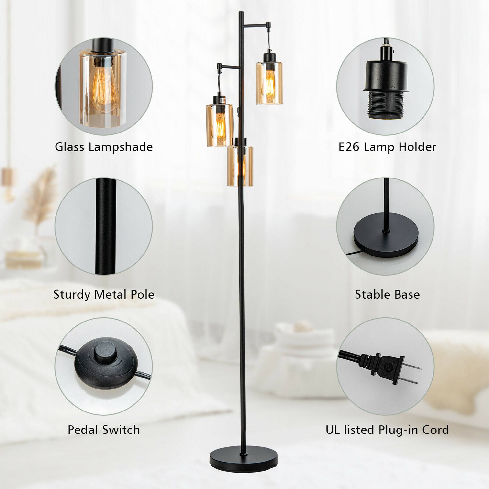 - Glass Lampshade
- E26 Lamp Holder
- Sturdy Metal Pole
- Stable Base
- Pedal Switch
- UL listed Plug-in Cord