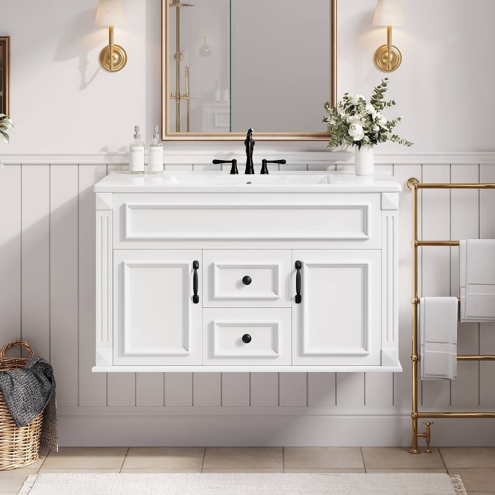 Left. Loheer - Loheer 36 inch wall mounted bathroom vanity White Floating Bathroom Cabinet with Ceramic Sink - White.