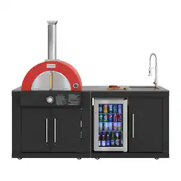 Koolmore - 79 in. Outdoor Kitchen Island with 22 in. Gas and Wood-Fired Pizza Oven, Sink, and Refrigerator Stainless - Black