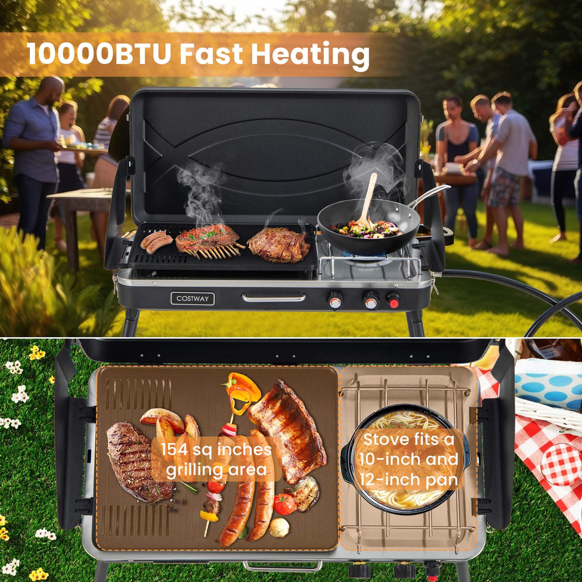 10000BTU Fast Heating COSTWAY 154 sq inches grilling area Stove fits a 10-inch and 12-inch pan