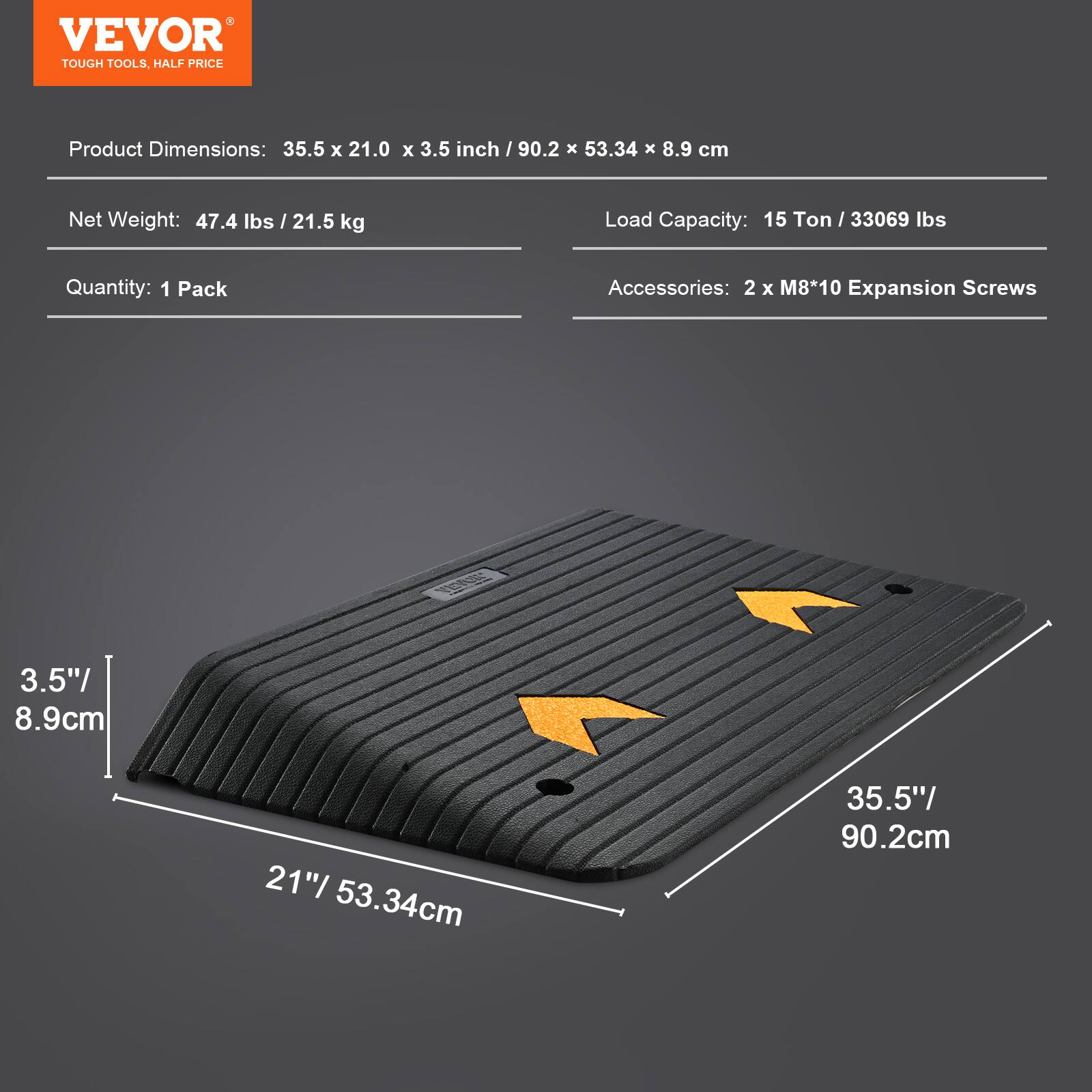 VEVOR TOUGH TOOLS, HALF PRICE

Product Dimensions: 35.5 x 21.0 x 3.5 inch / 90.2 x 53.34 x 8.9 cm

Net Weight: 47.4 lbs / 21.5 kg

Load Capacity: 15 Ton / 33069 lbs

Quantity: 1 Pack

Accessories: 2 x M8*10 Expansion Screws