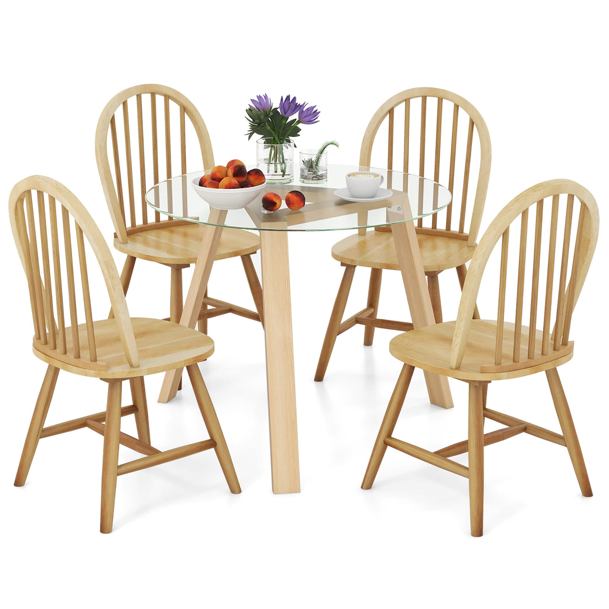 Gymax - 5 PCS Dining Set for 4 Round Table w/ 4 Chairs Solid Rubber Wood Frame Modern - Natural