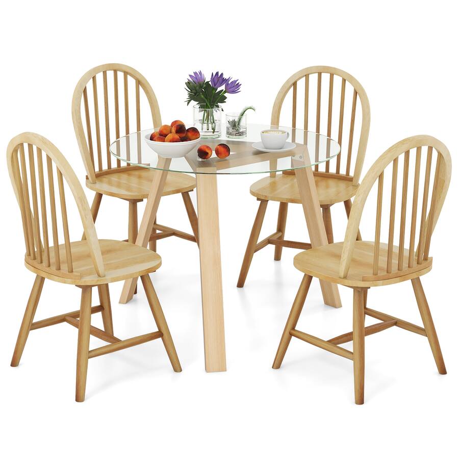 Gymax 5 PCS Dining Set for 4 Round Table w/ 4 Chairs Solid Rubber Wood ...