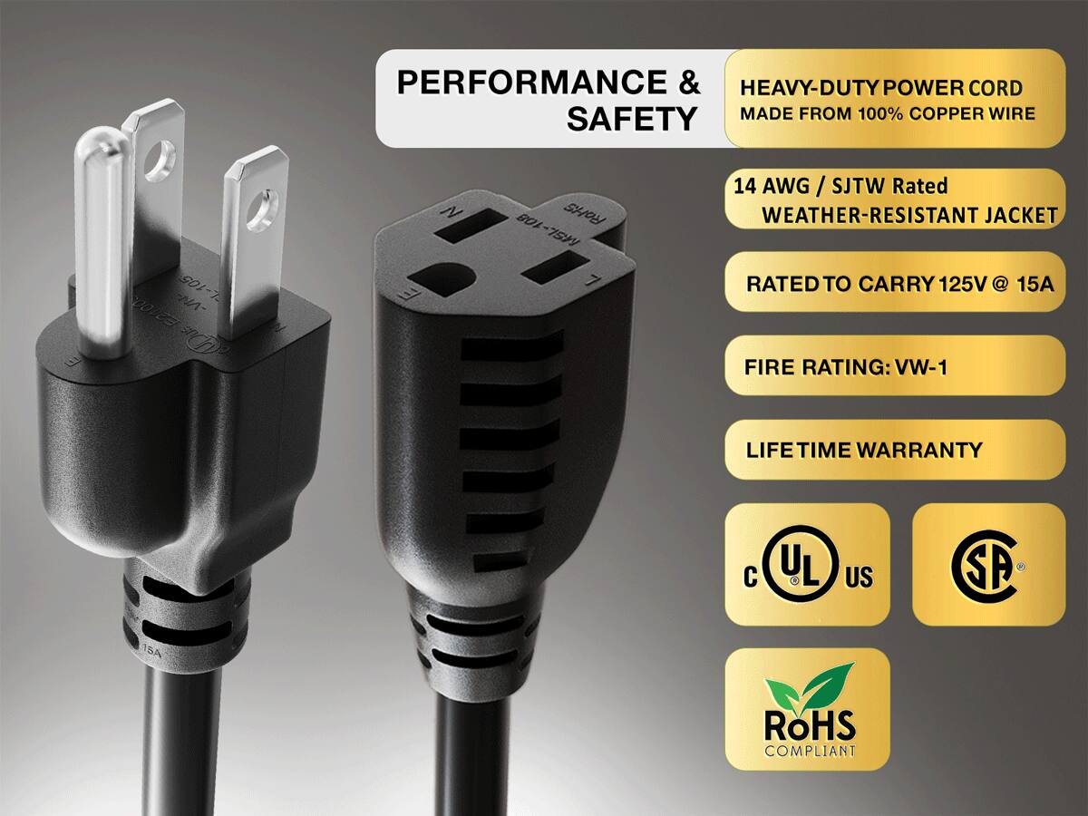 PERFORMANCE & SAFETY

HEAVY-DUTY POWER CORD MADE FROM 100% COPPER WIRE

14 AWG / SJTW Rated
WEATHER-RESISTANT JACKET

RATED TO CARRY 125V @ 15A

FIRE RATING: VW-1

LIFE TIME WARRANTY

UL US
SA

RoHS COMPLIANT
