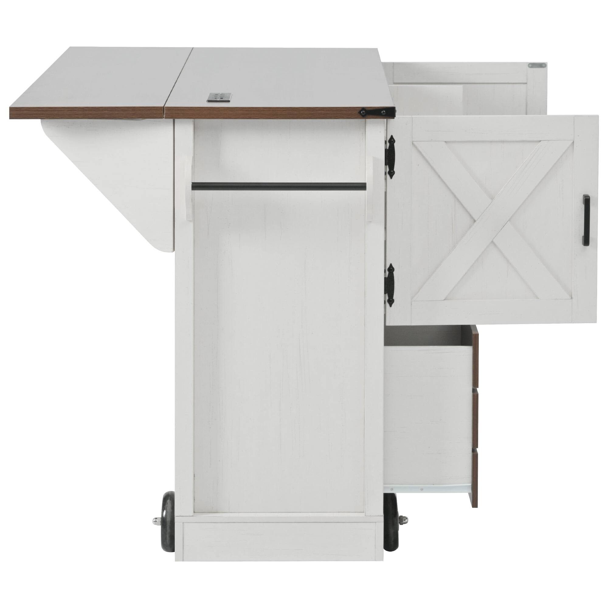 Alt View 8. PexFix - 54" Farmhouse Kitchen Island Cart with Built-in Power Outlet, Drop Leaf and Abundant Storage - White.