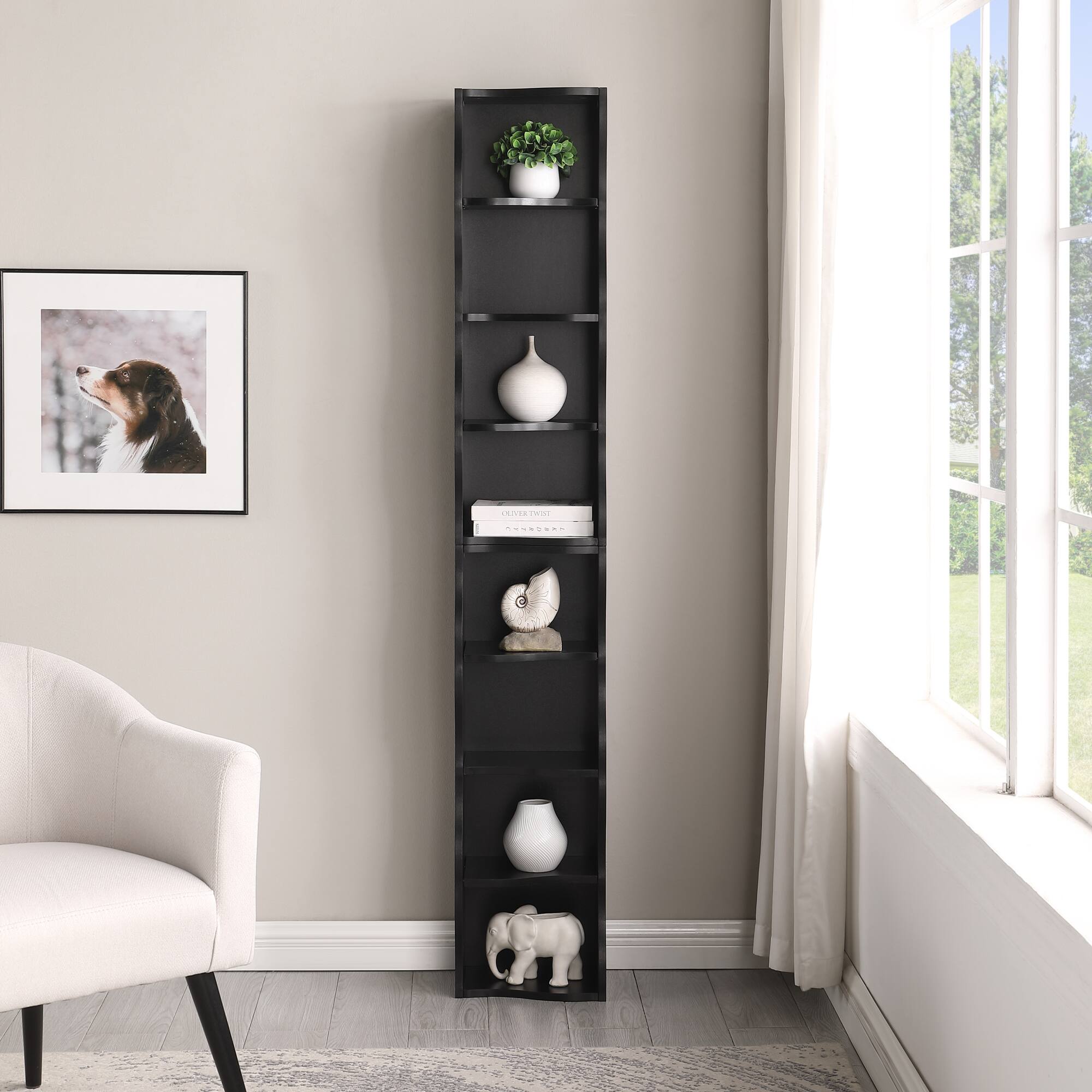Angle. GOODSILO - Ultra-Thin Adjustable Shelf Bookcase with Wavy Border Design for Home and Office Storage Solutions - Black.
