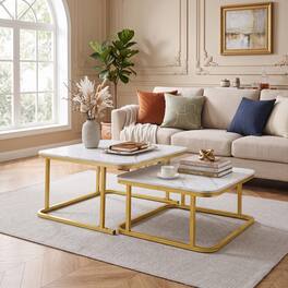 WELLFOR - Square Nesting Coffee Table Set of 2 with Faux Marble Top and Metal Frame, Coffee Table Set, Suitable for Living Rooms - White