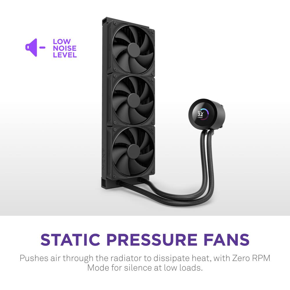The image features a low-noise level static pressure fan that pushes air through the radiator to dissipate heat. The fan has a Zero RPM mode for silence at low loads.