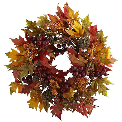 Front. BreeBe - 24" Maple and Berry Wreath - Green.