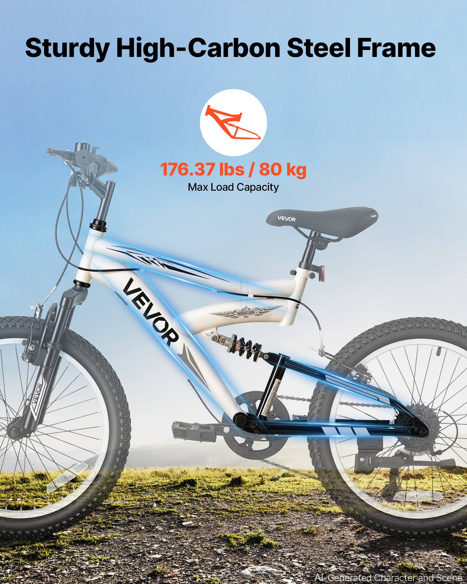 Sturdy High-Carbon Steel Frame  
176.37 lbs / 80 kg Max Load Capacity  
VEVOR  
MOUNTAIN  
AI-Generated Character and Scene