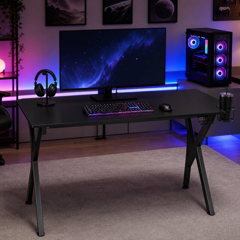 Back. WELLFOR - K-Shaped Gaming Desk with Cup Holder & Headphone , Black Computer Desk for Adults - Black.